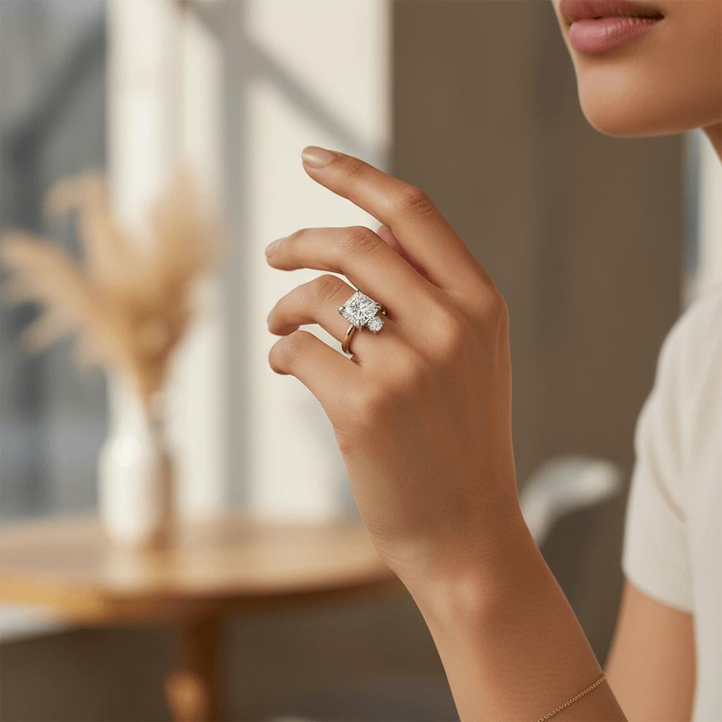 Meghan_Markle_Lab_Grown_Cushion_Platiunm_Diamond_Engagement_Ring_On_Hand