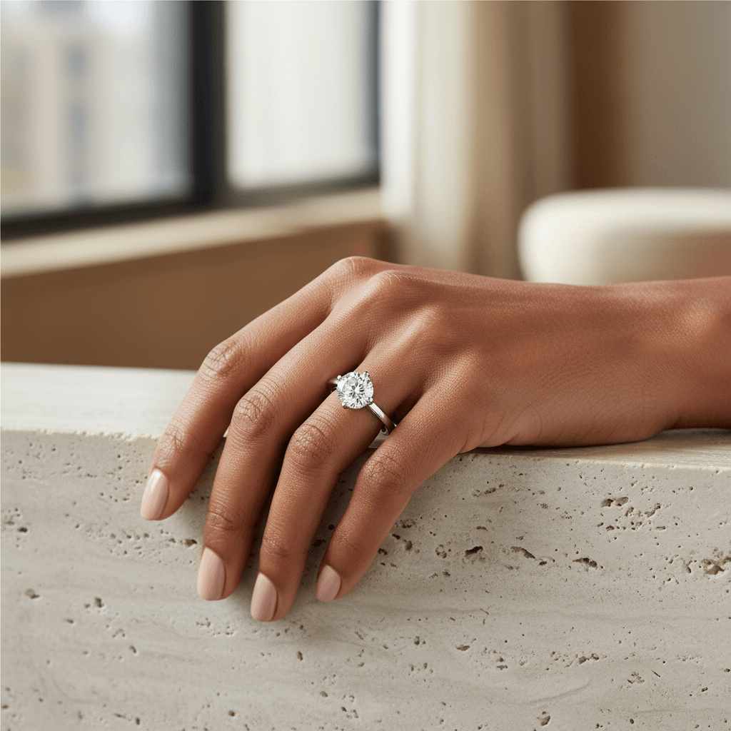 North_East_South_West_Round_Diamond_Solitaire_Engagement_Ring_On_Hand