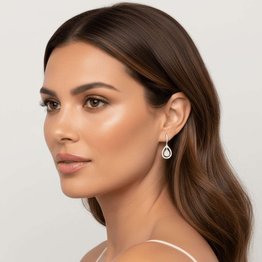 Open_Halo_Pear_Drop_Hoops_Diamond_Earrings_On_Model_2