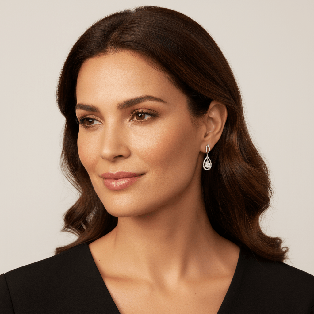 Open_Halo_Pear_Drop_Hoops_Diamond_Earrings_On_Model