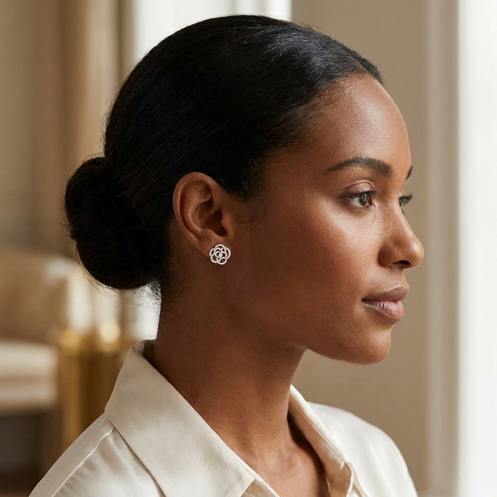 Open_Rose_Shape_Diamond_Earrings_Studs_On_Model_2