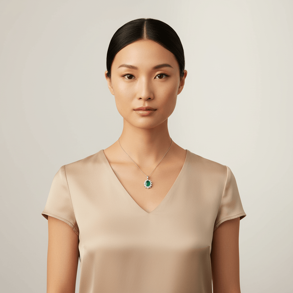 Oval_12_Stone_Cluster_Emerald_Diamond_Pendant_On_Model