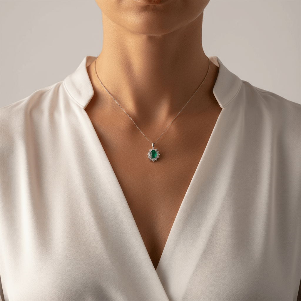 Oval_12_Stone_Cluster_Emerald_Diamond_Pendant_On_Model_2