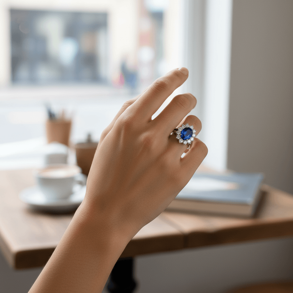 Oval_Blue_Sapphire_Diamond_Cluster_Split_Shank_Diamond_Engagement_Ring_On_Hand
