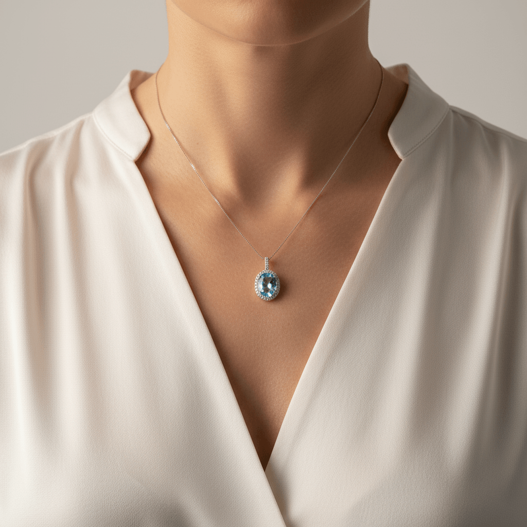 Oval_Cut_Aquamarine_Halo_Diamond_Pendant_On_Model_2