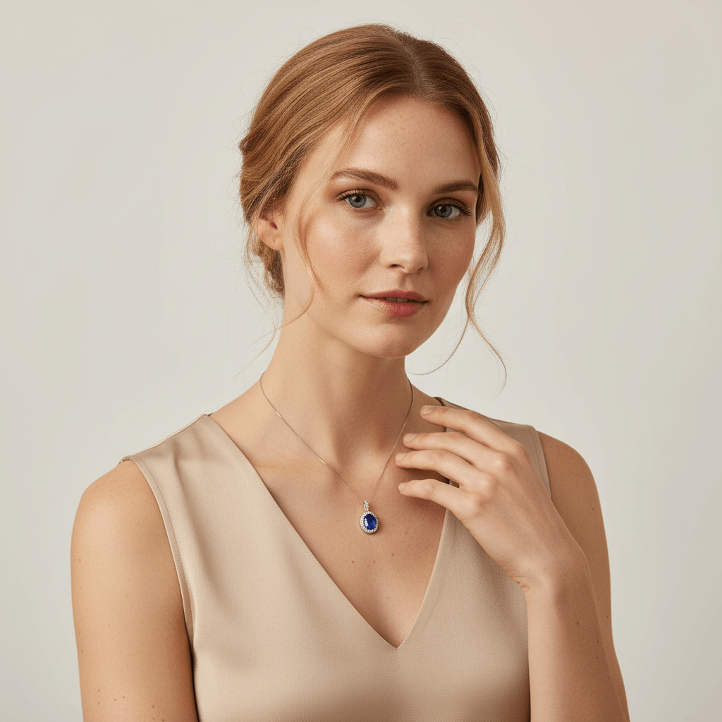 Oval_Cut_Sapphire_Diamond_Halo_Pendant_On_Model