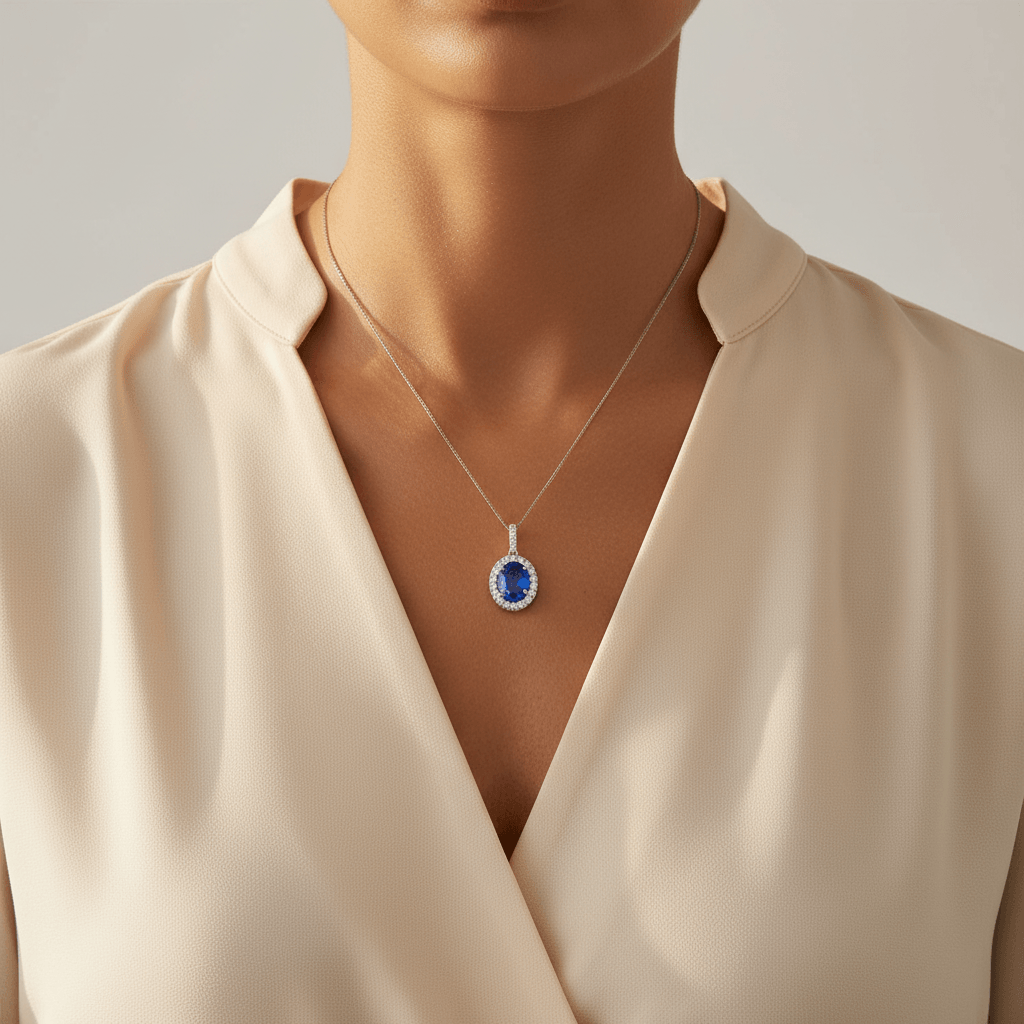 Oval_Cut_Sapphire_Diamond_Halo_Pendant_On_Model_2