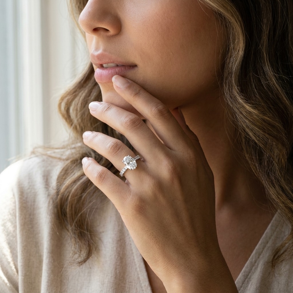 Oval_Cut_Thick_Band_Diamond_Engagement_Ring_On_Model