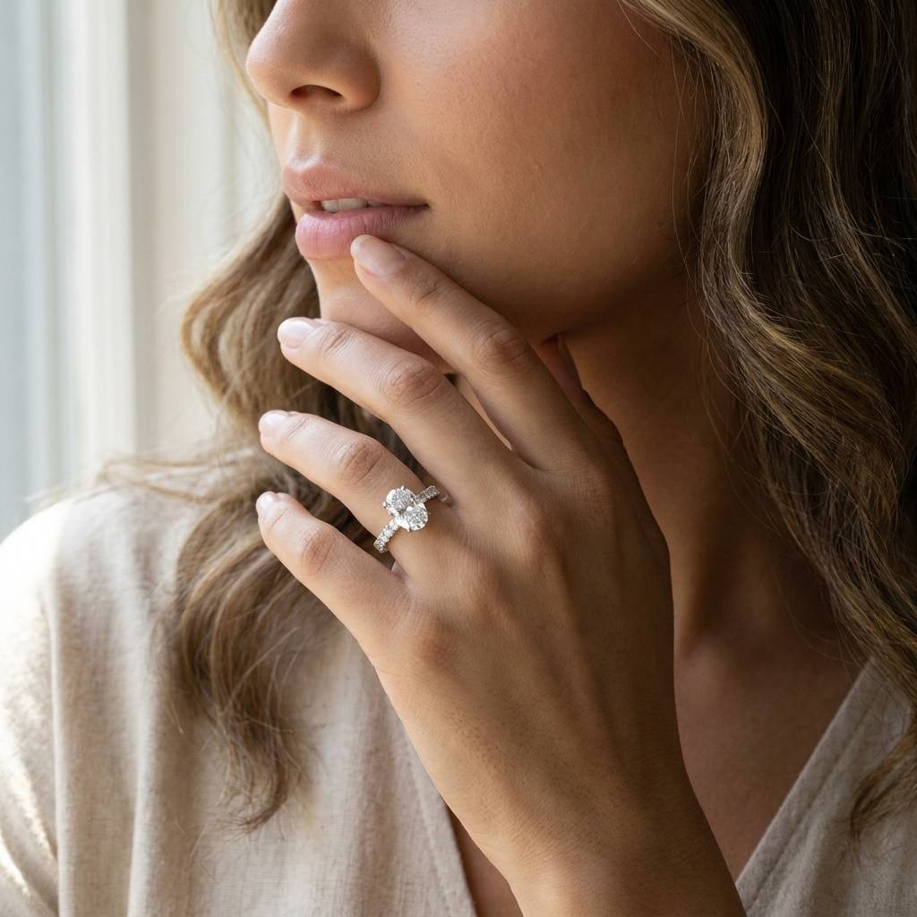 Oval_Cut_Thick_Band_Lab_Grown_Diamond_Engagement_Ring_On_Model