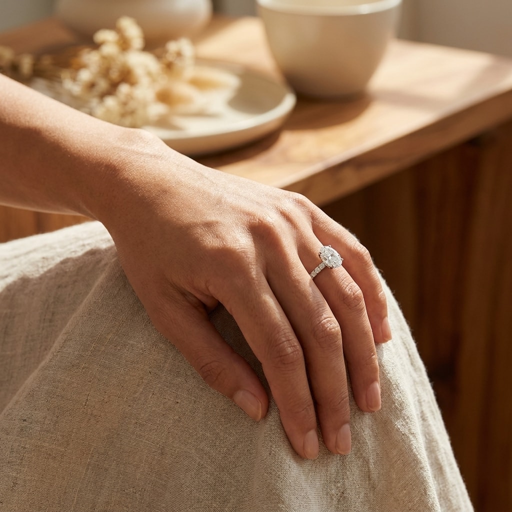 Oval_Cut_Thin_Band_Diamond_Engagement_Ring_On_Hand