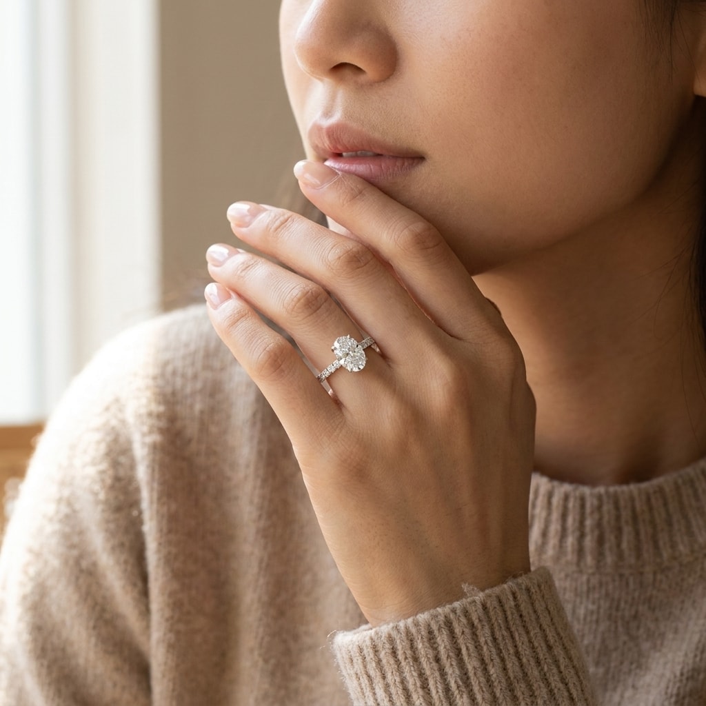 Oval_Cut_Thin_Band_Diamond_Engagement_Ring_On_Model