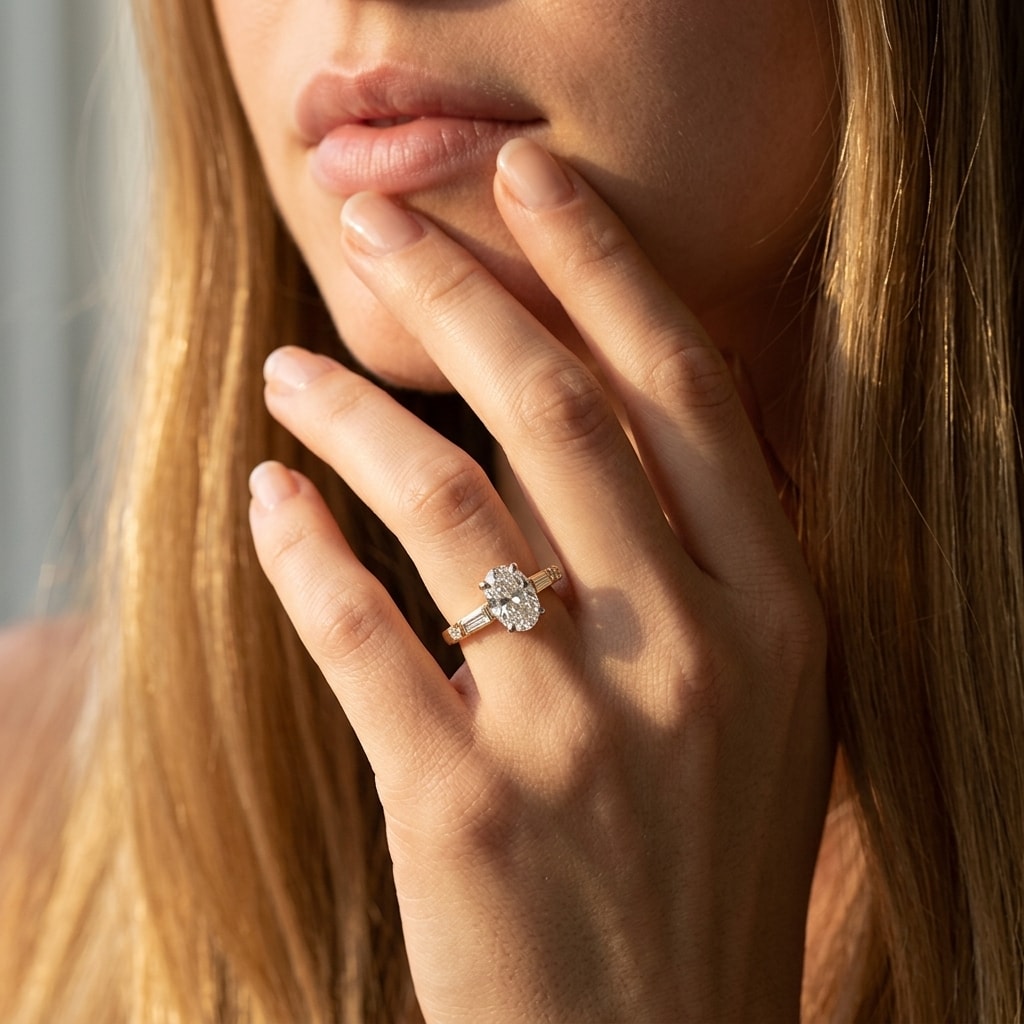 Round Shape and Tapered Baguettes Diamond Engagement Ring - alternate view