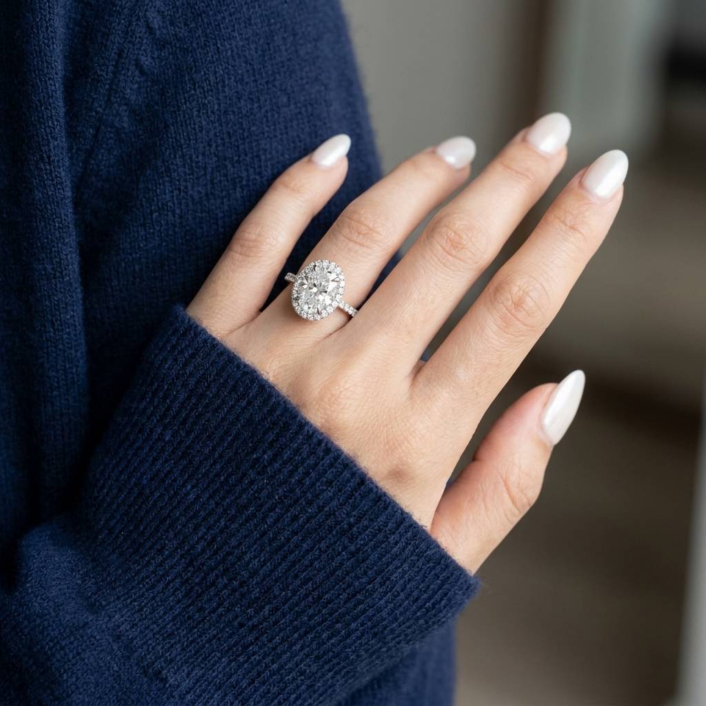 Oval Halo Thin Pave Lab Grown Diamond Engagement Ring On Hand