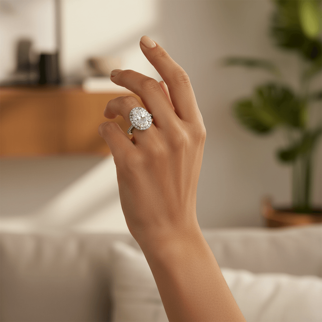 Oval_Halo_Thin_Pave_Lab_Grown_Diamond_Engagement_Ring_On_Hand