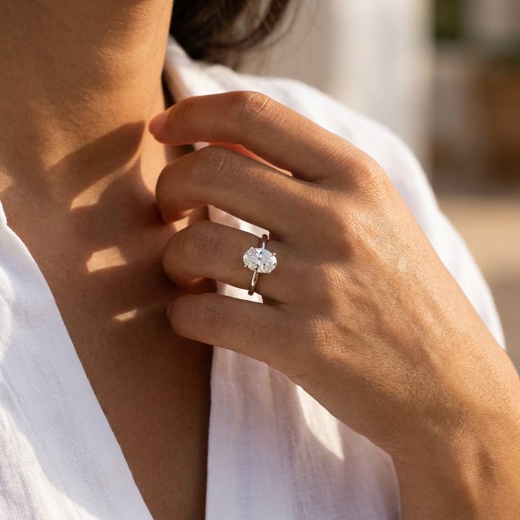 Oval_High_Setting_Solitaire_Diamond_Engagement_Ring_On_Hand