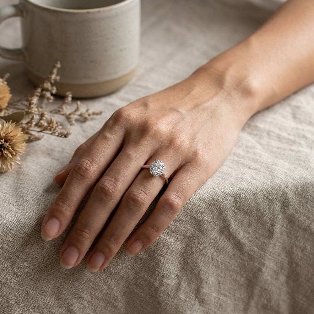 Oval_Shape_Lab_Grown_Plain_Band_Diamond_Halo_Engagement_Ring_On_Hand