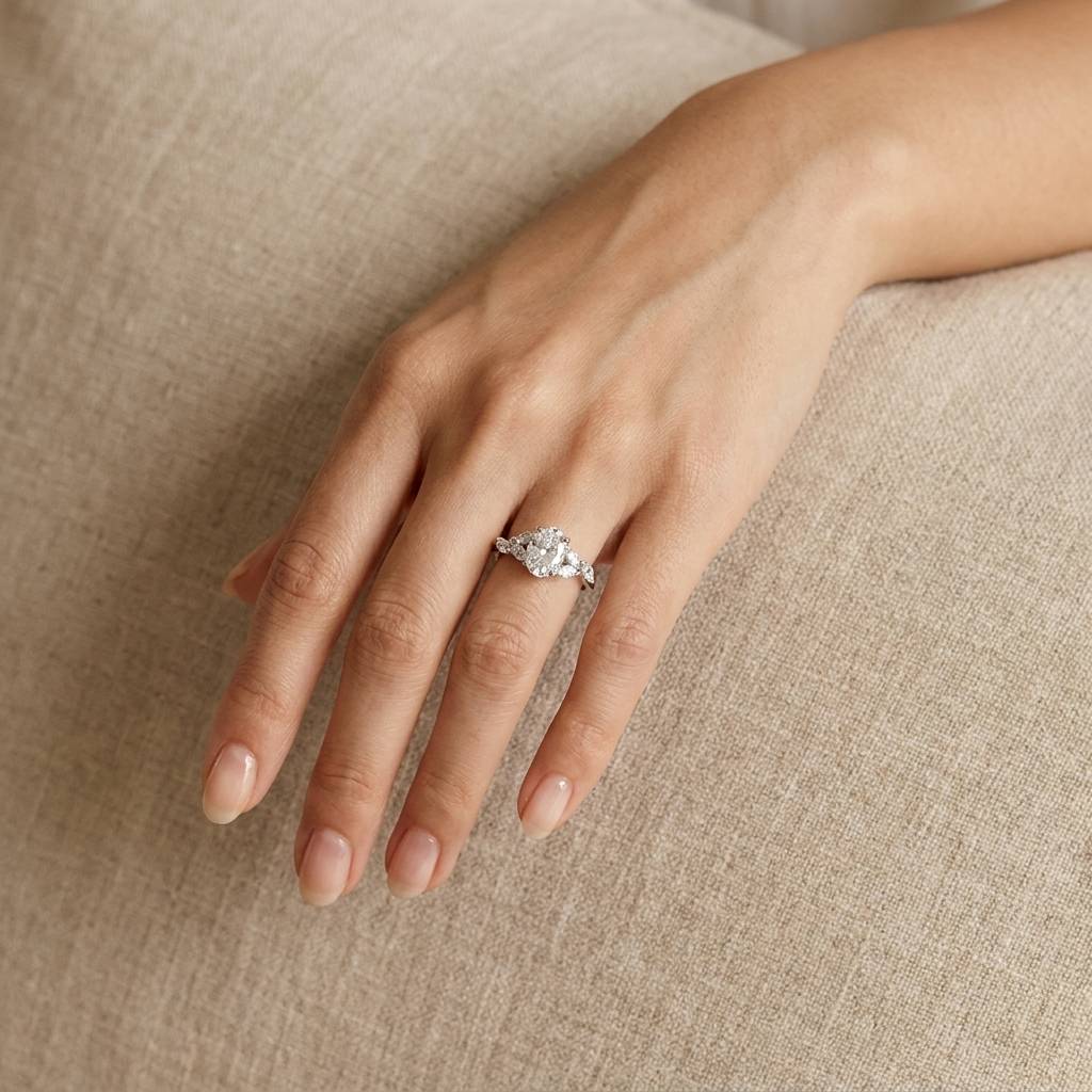 Oval Shape Marquise Side Lab Grown Diamond Engagement Ring view 9