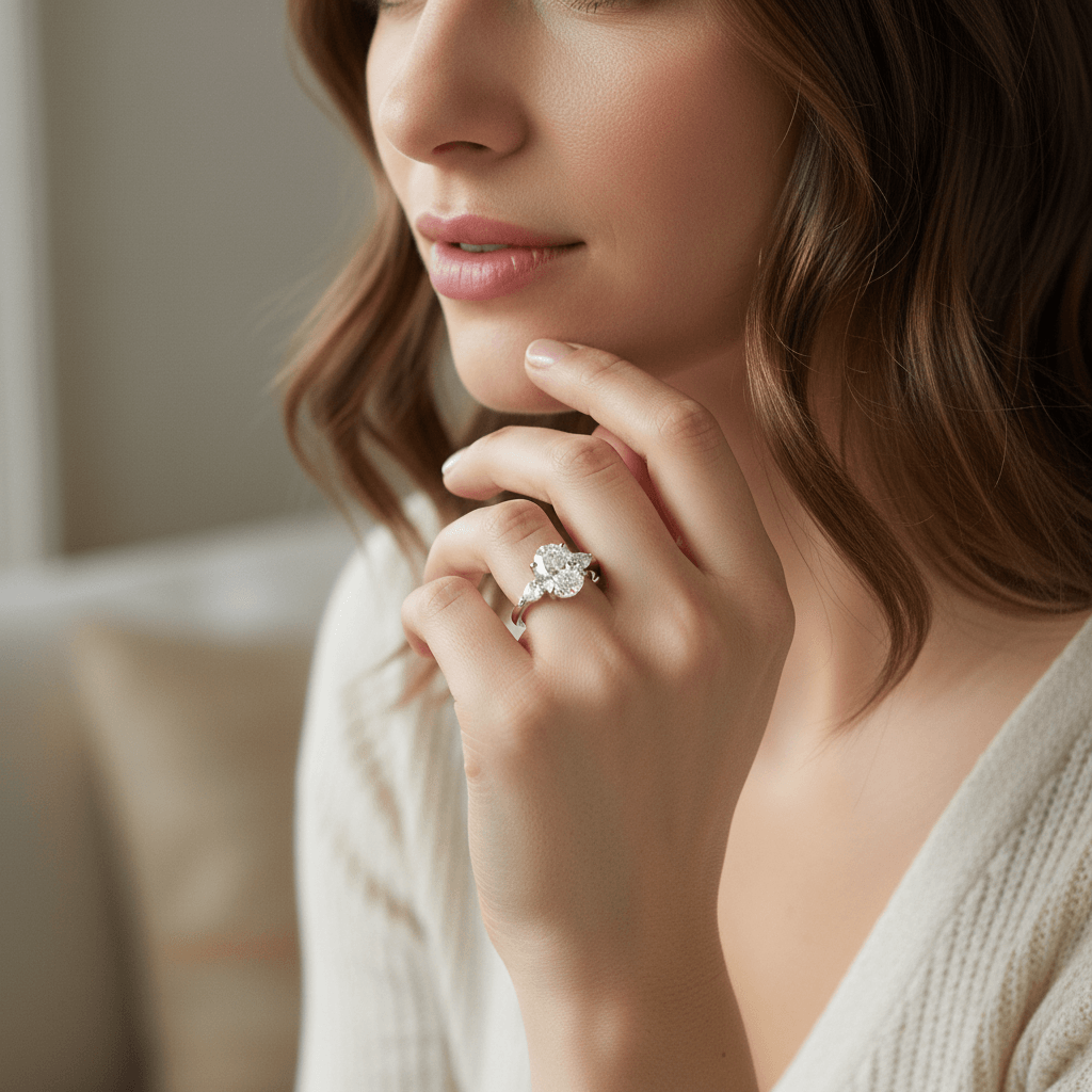 Oval_Shape_Pear_Side_Stones_Diamond_Engagement_Ring_On_Model
