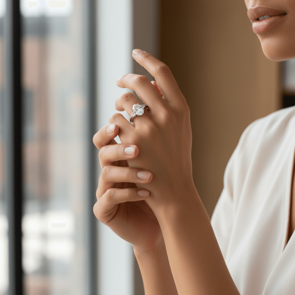Oval_Shape_Pear_Side_Stones_Diamond_Engagement_Ring_On_Hand
