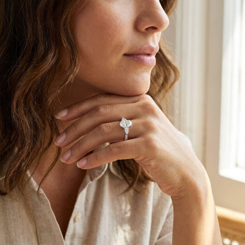 Oval_Shape_Pear_Side_Stones_Micro_Set_Diamond_Engagement_Ring_On_Model
