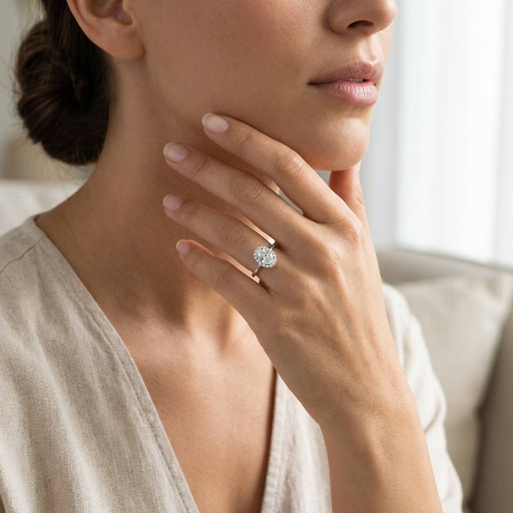 Oval_Shape_Plain_Band_Diamond_Halo_Engagement_Ring_On_Model