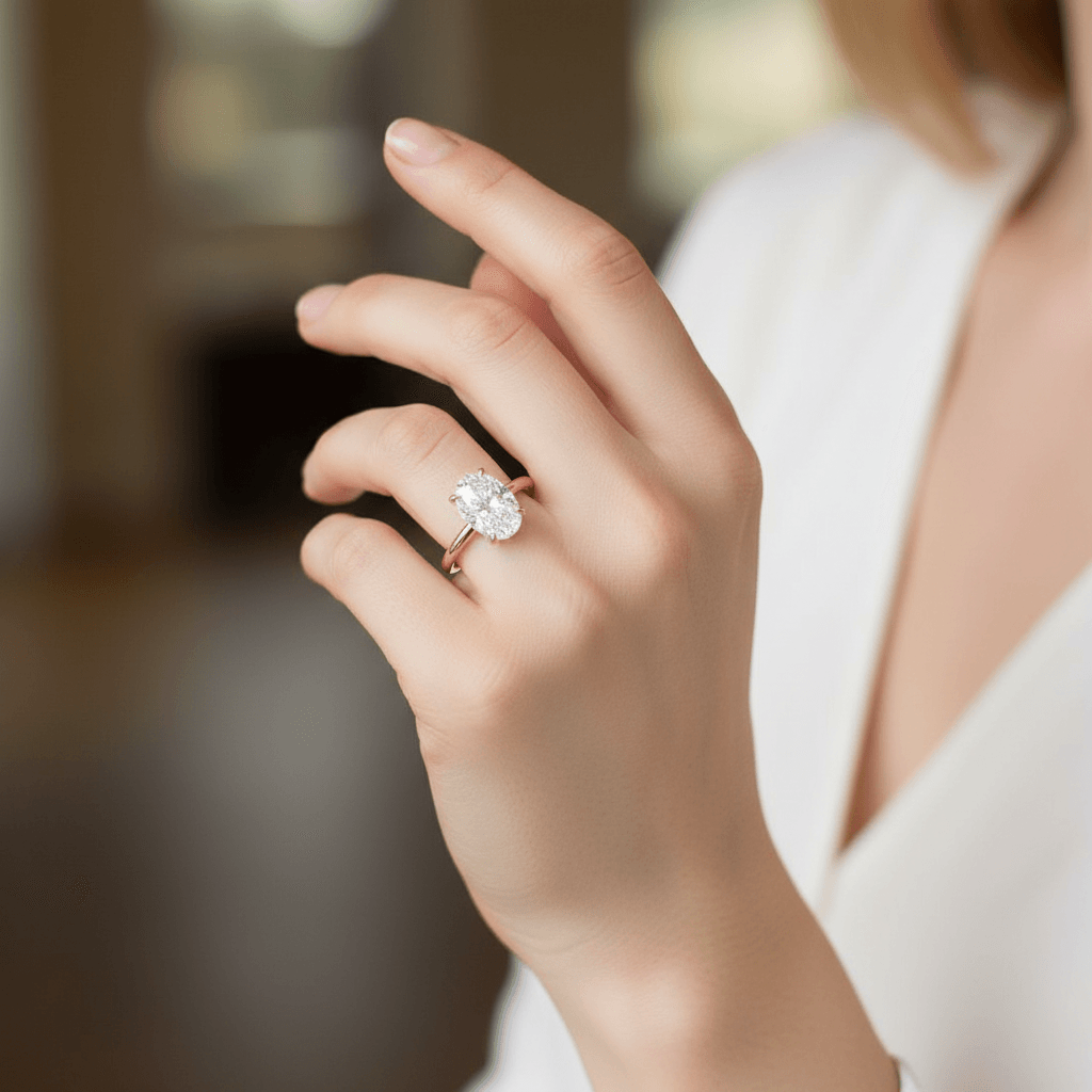 Oval_Shape_Platinum_Solitaire_Lab_Grown_Diamond_Engagement_Ring_On_Model