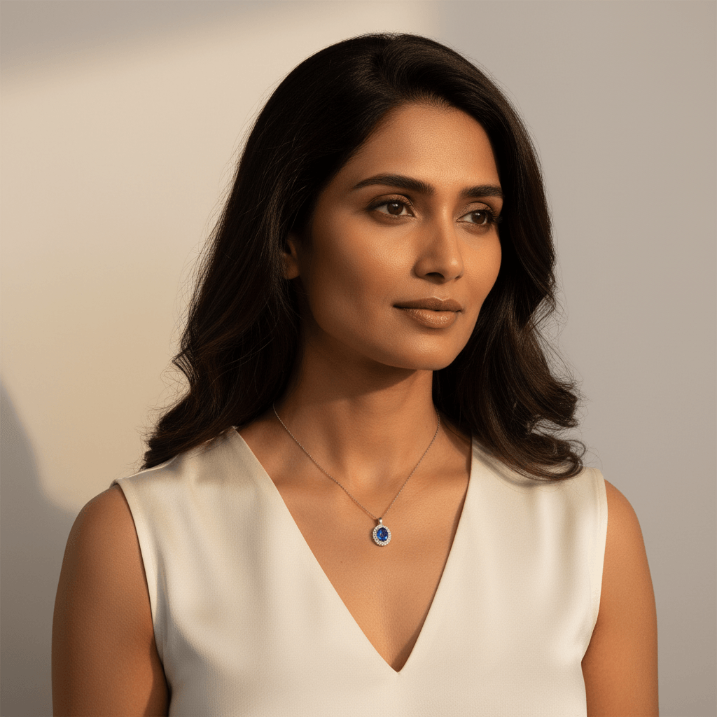 Oval_Shaped_Blue_Tanzanite_Diamond_Pendant_On_Model