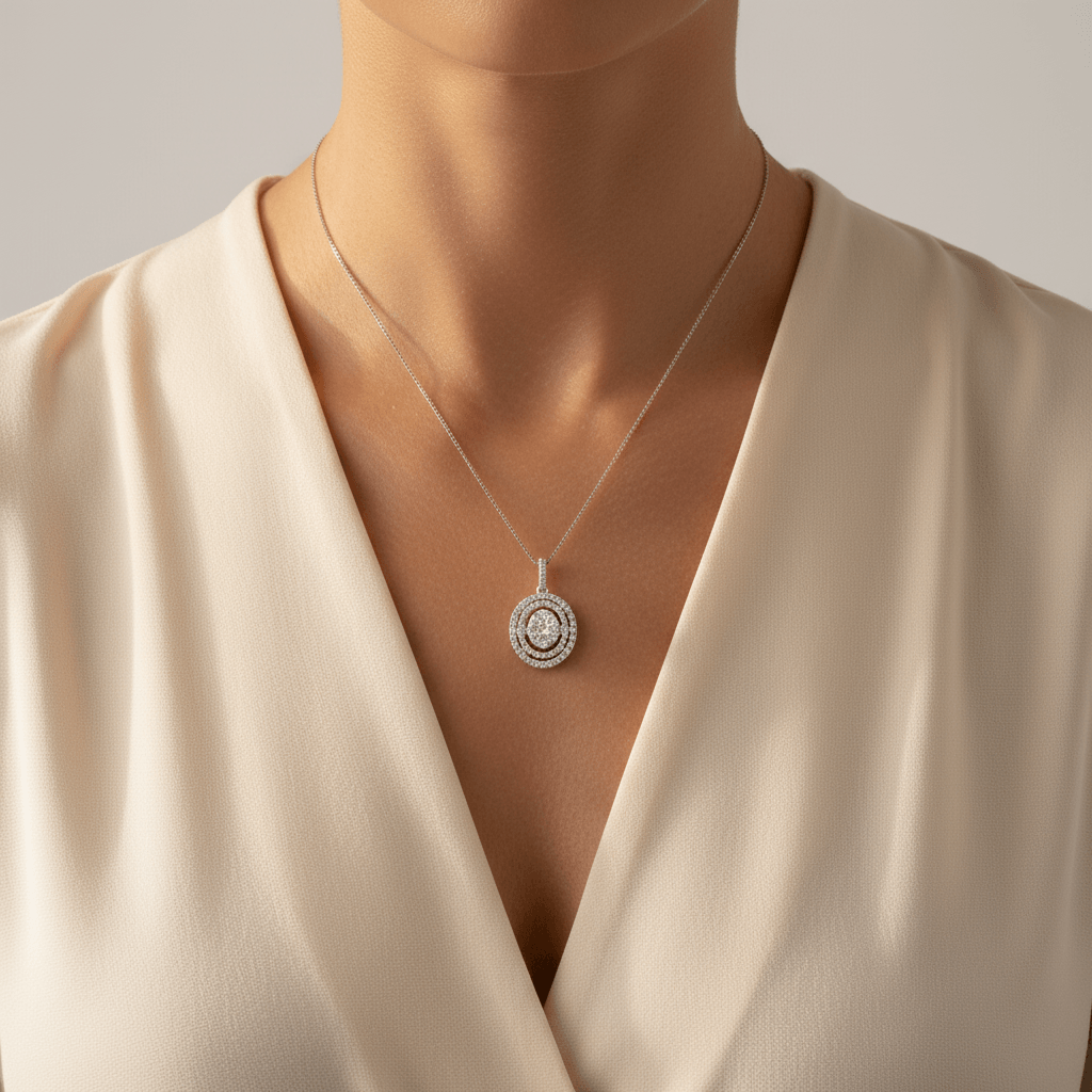 Oval_Shaped_Double_Halo_Diamond_Pendant_On_Model_2