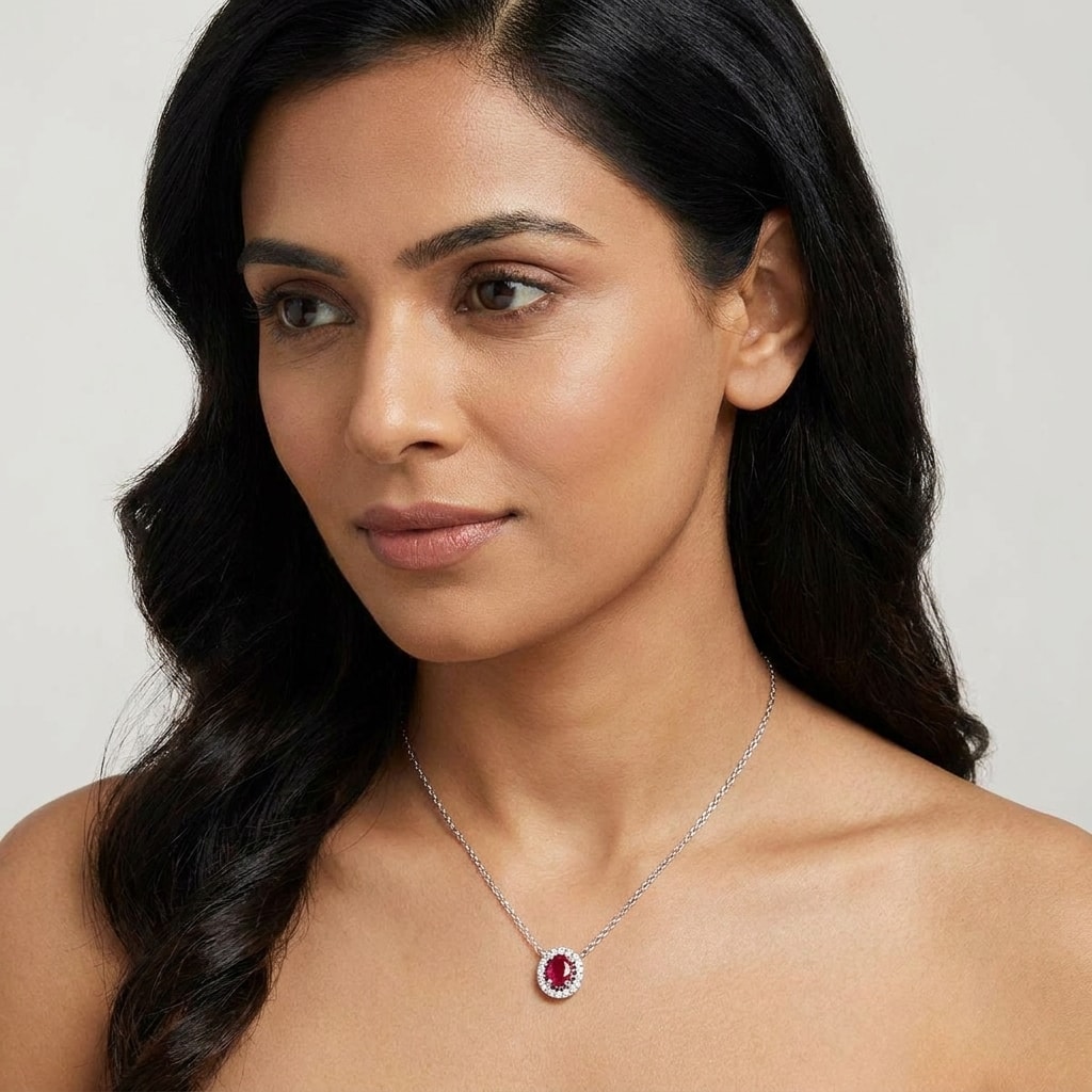 Oval Shaped Halo Ruby Diamond Necklace On Model