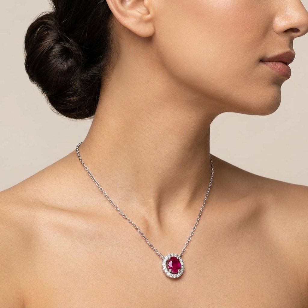 Oval Shaped Halo Ruby Diamond Necklace On Model