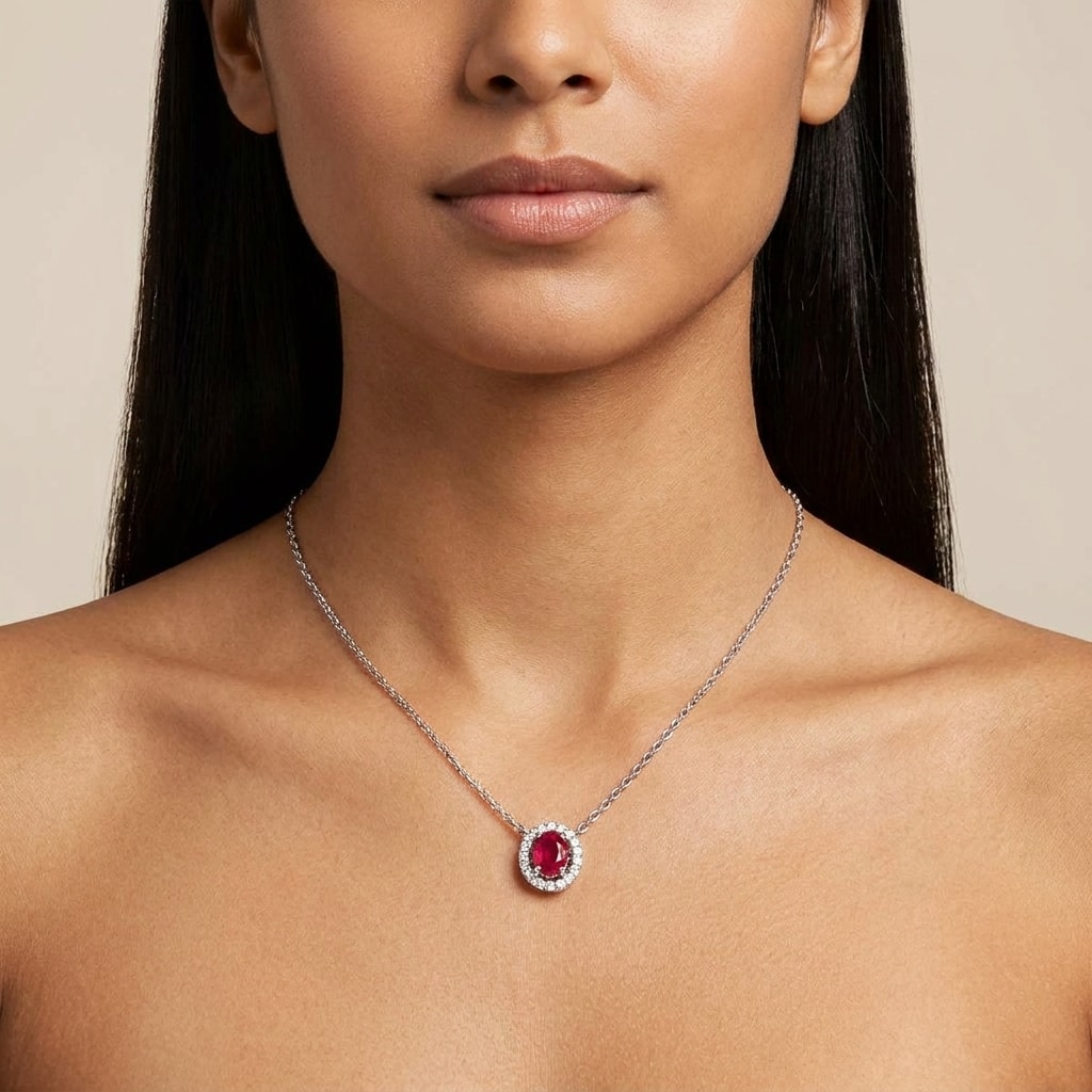 Oval Shaped Halo Ruby Diamond Necklace On Model