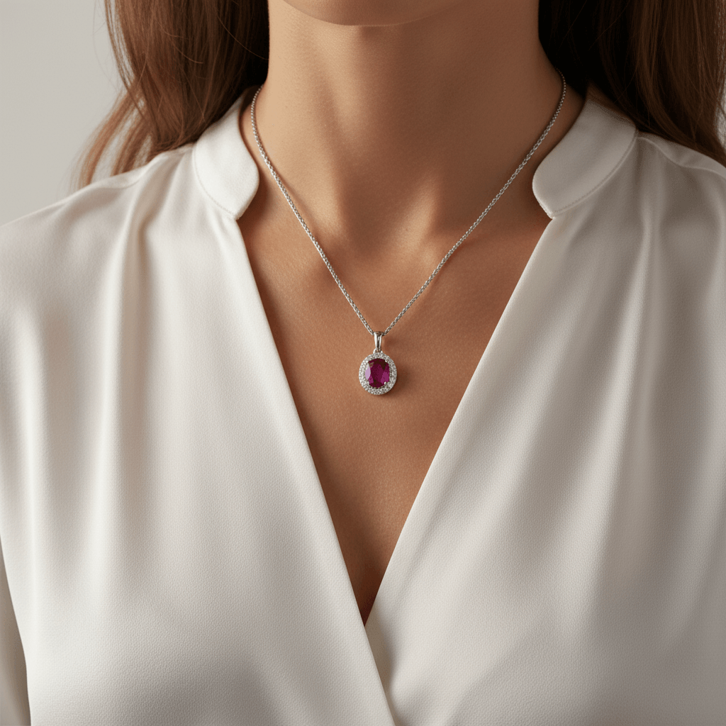 Oval_Shaped_Ruby_Diamond_Halo_Pendant_On_Model_2