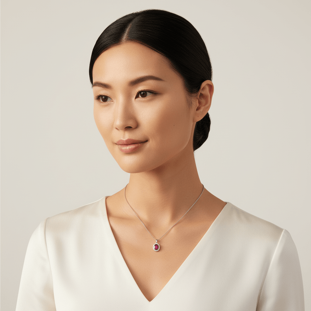 Oval_Shaped_Ruby_Diamond_Halo_Pendant_On_Model