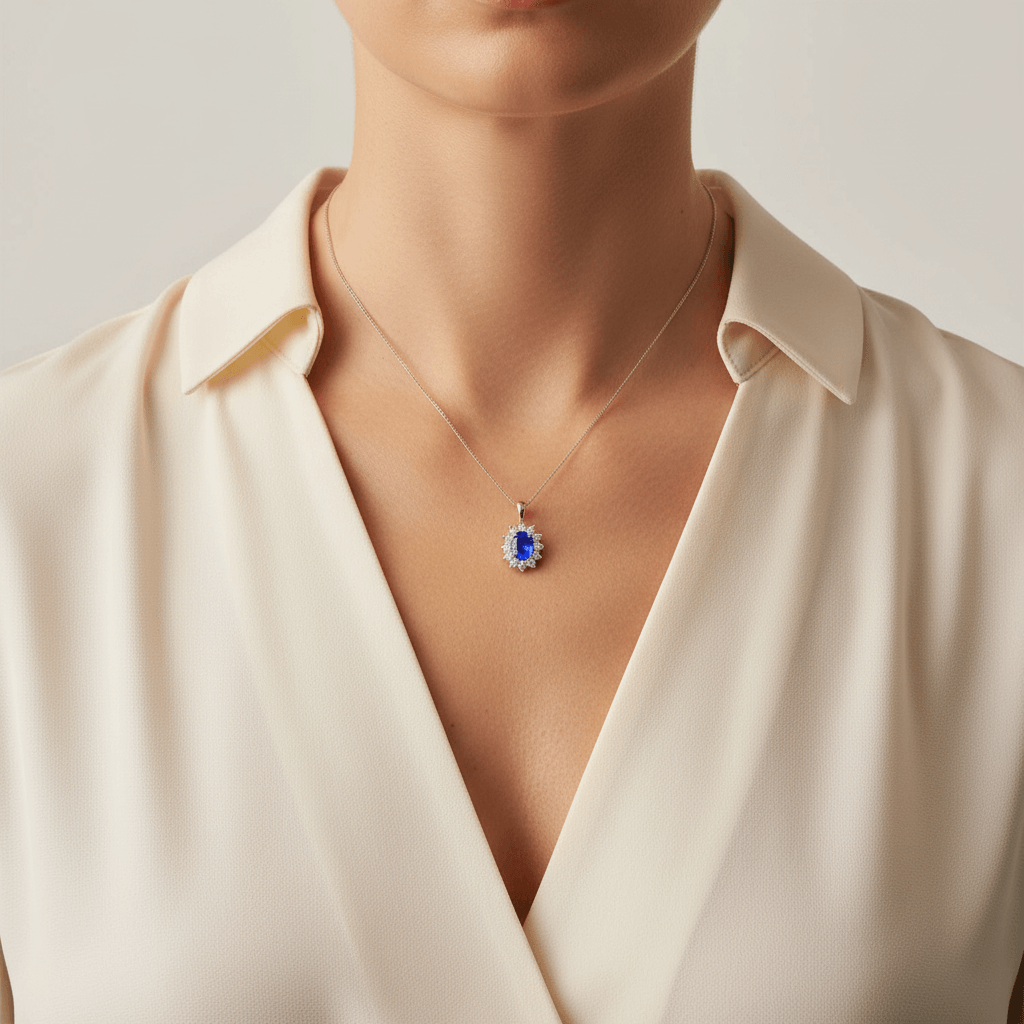 Oval_Tanzanite_12_Stone_Cluster_Diamond_Pendant_On_Model_2