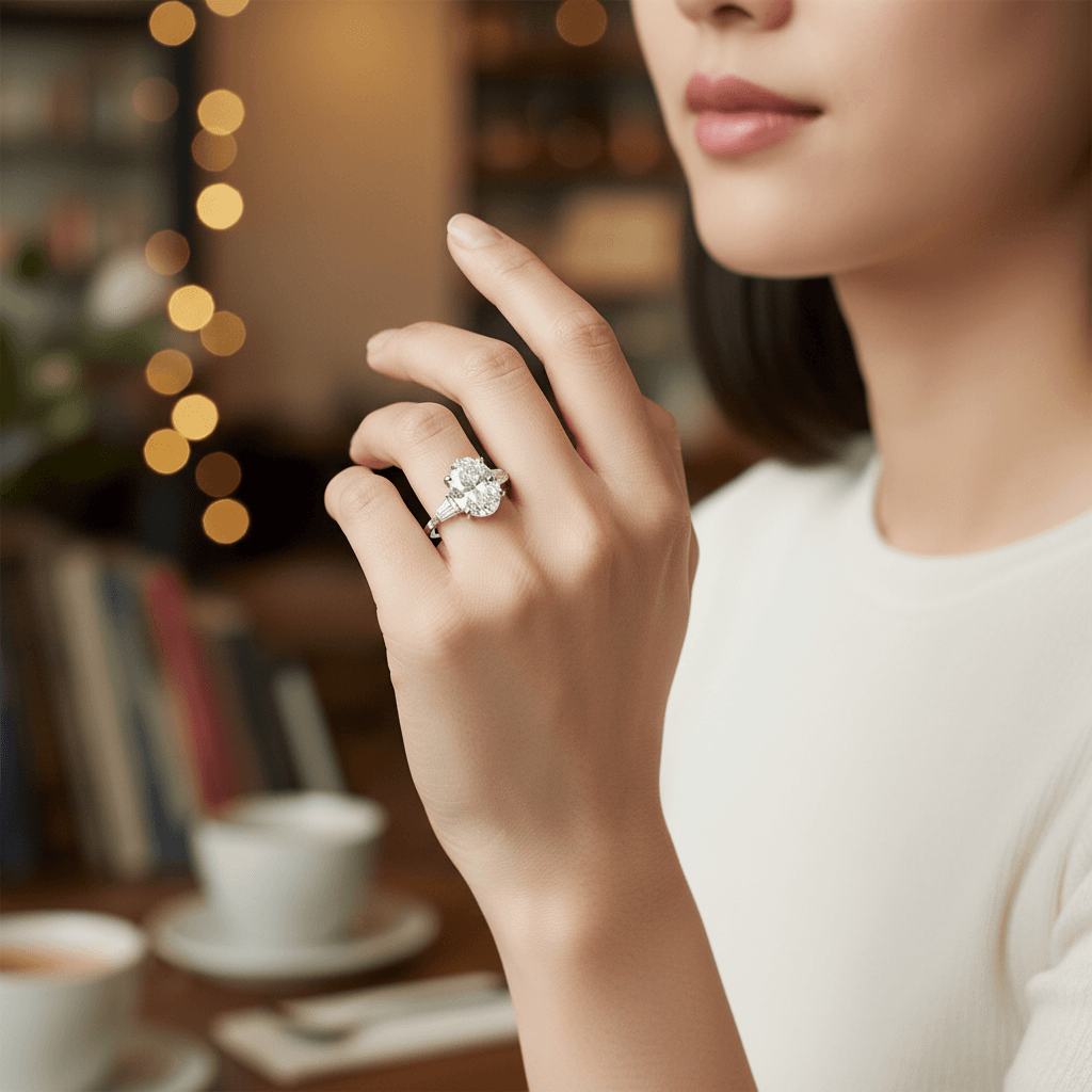 Oval_Trilogy_Bullets_Side_Stones_Lab_Grown_Diamond_Engagement_Ring_On_Hand