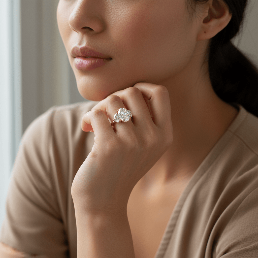 Oval Trilogy Half Moon Side Diamond Engagement Ring - alternate view