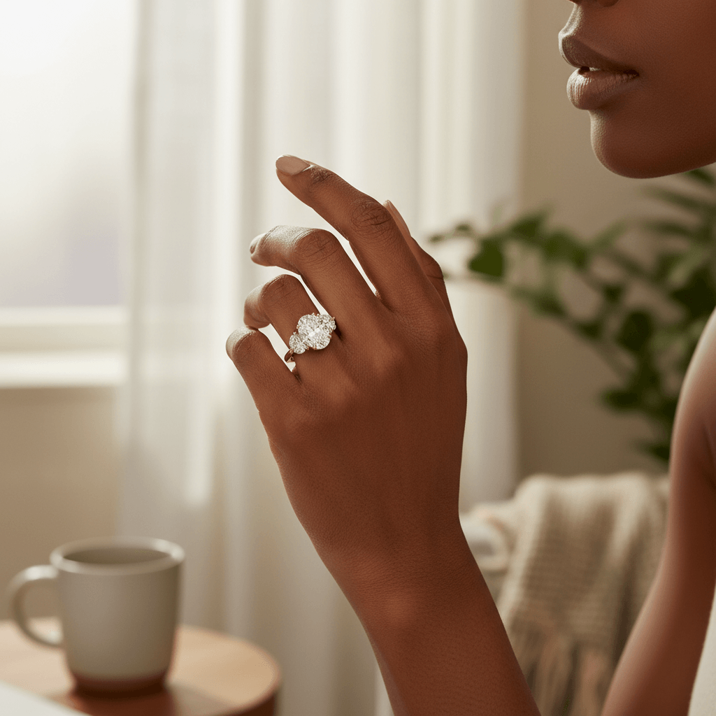 Oval_Trilogy_Half_Moon_Side_Diamond_Engagement_Ring_On_Hand