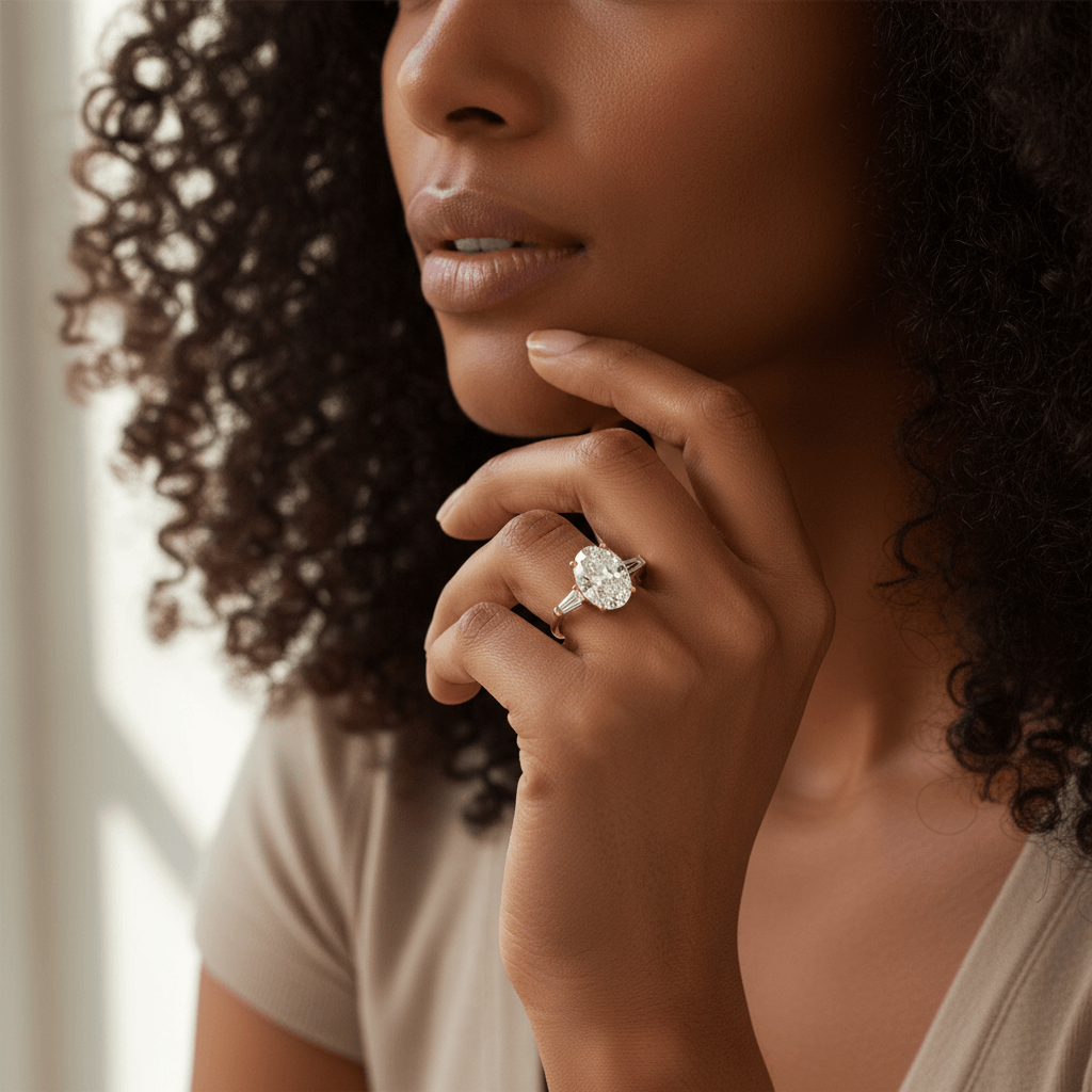 Oval_Trilogy_Tapered_Baguette_Channel_Set_Diamond_Engagement_Ring_On_Model