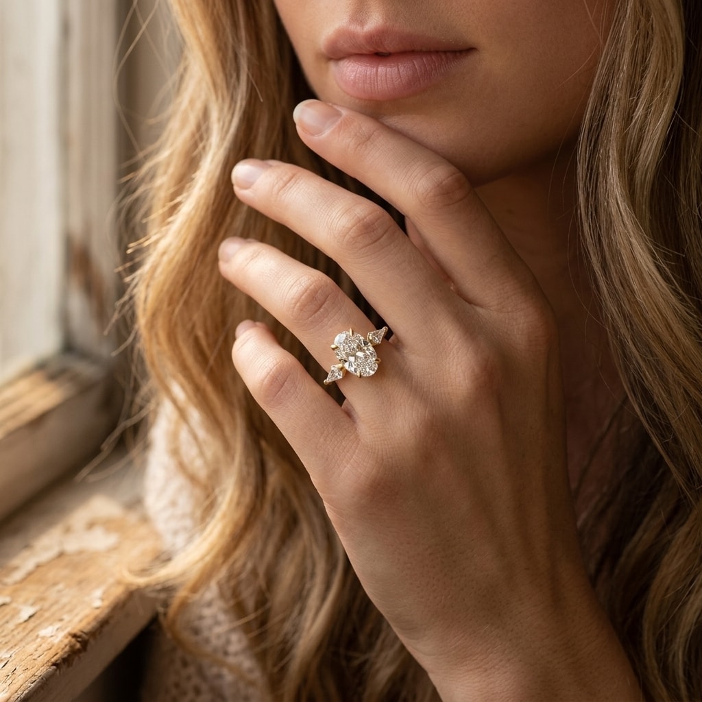 Oval and Kite side stones Diamond Engagement Ring - alternate view