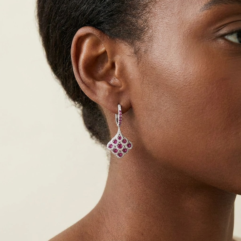 Peacock_Drops_Ruby_Red_Diamond_Drop_Earring_On_Model_2