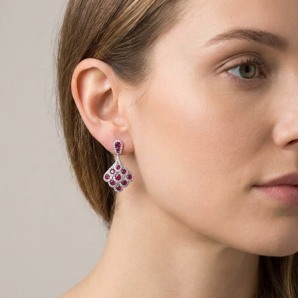 Peacock_Drops_Ruby_Red_Diamond_Drop_Earring_On_Model