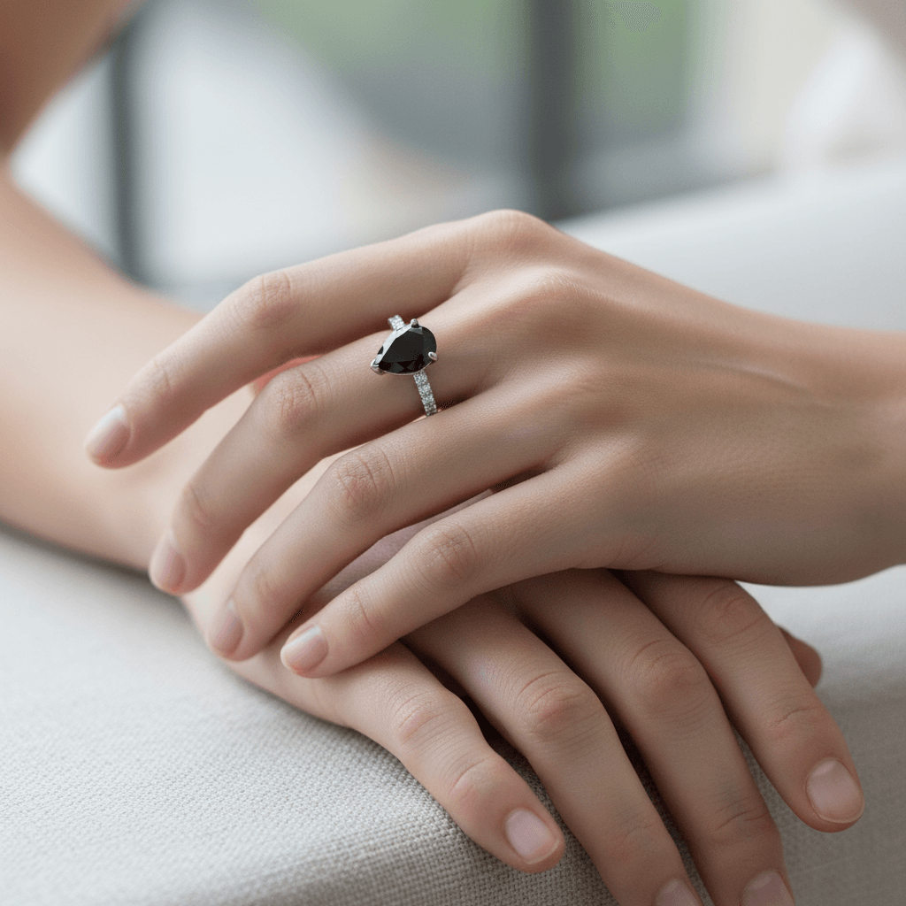 Pear Cut Black Diamond Fishtail Setting Engagement Ring view 6