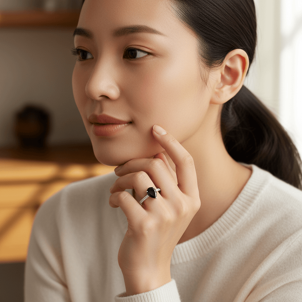 Pear_Cut_Black_Diamond_Fishtail_Setting_Engagement_Ring_On_Model