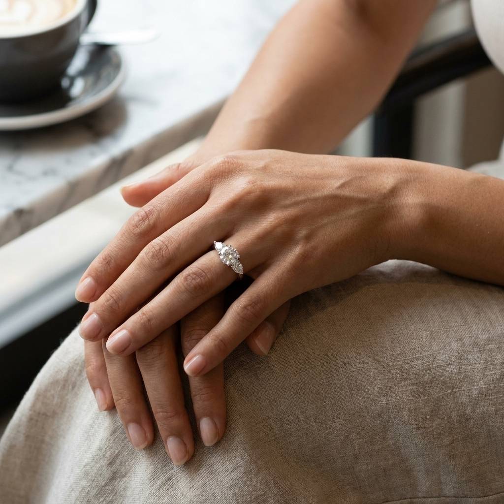 Pear_Cut_Shoulder_Stones_Lab_Grown_Diamond_Engagement_Ring_On_Hand