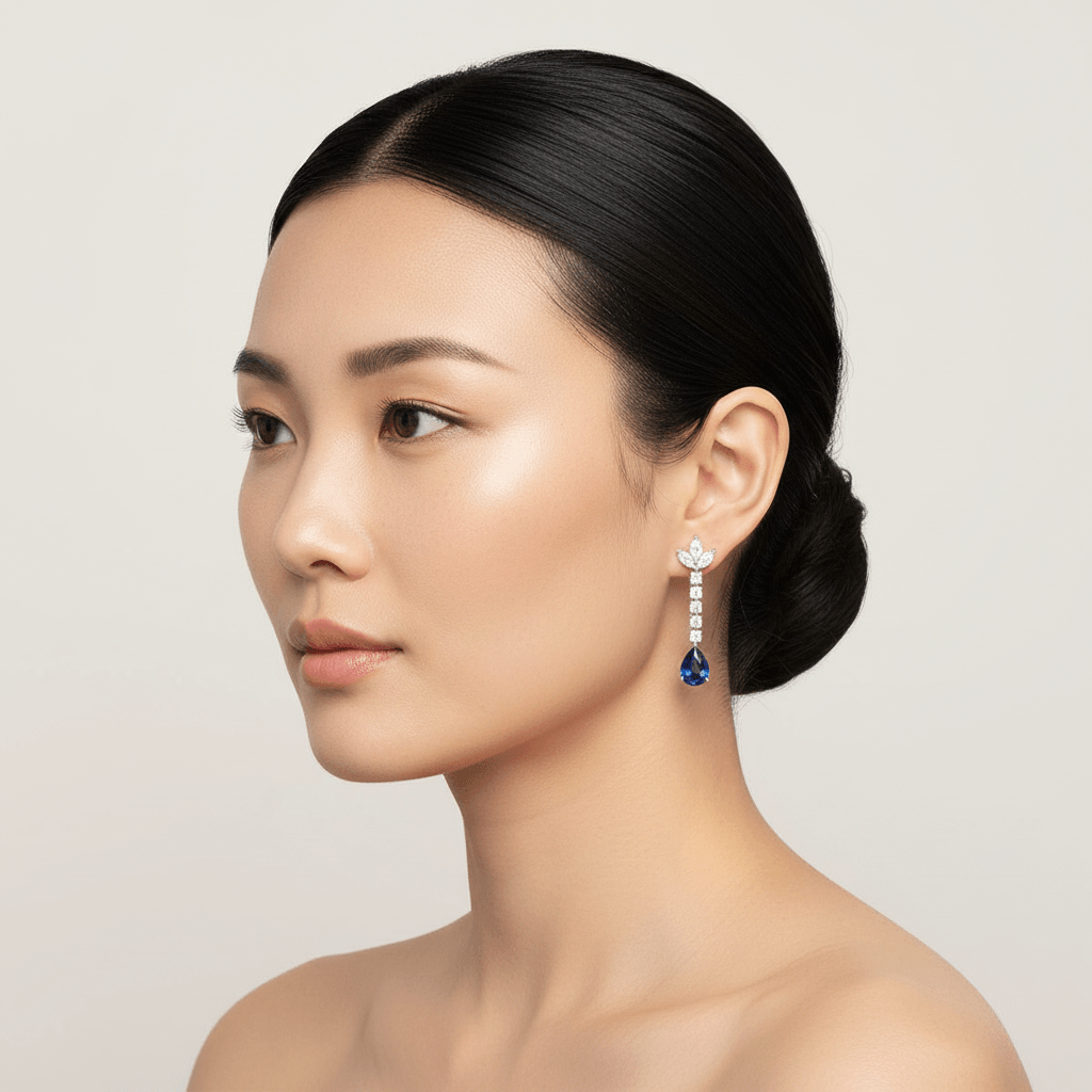 Pear_Shape_Blue_Sapphire_and_Diamonds_Drop_Earrings_On_Model_2