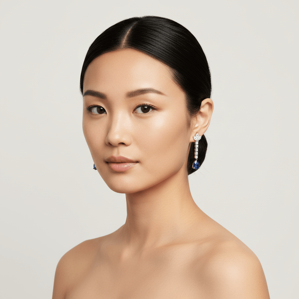 Pear_Shape_Blue_Sapphire_and_Diamonds_Drop_Earrings_On_Model