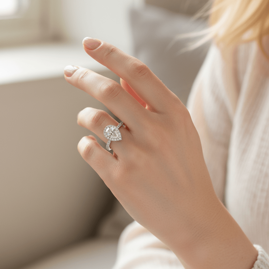 Pear_Shape_Diamond_Halo_Engagement_Ring_On_Hand