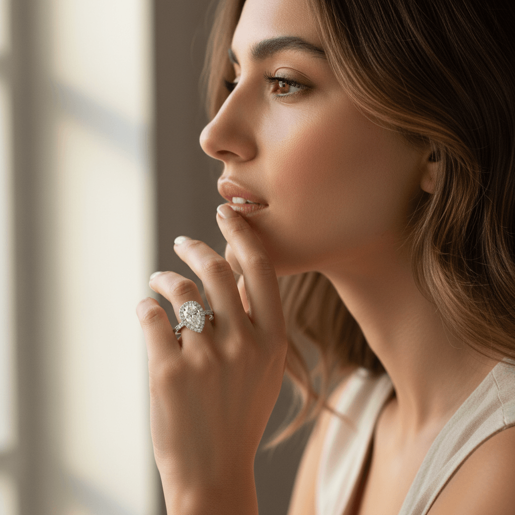Pear_Shape_Diamond_Halo_Engagement_Ring_On_Model