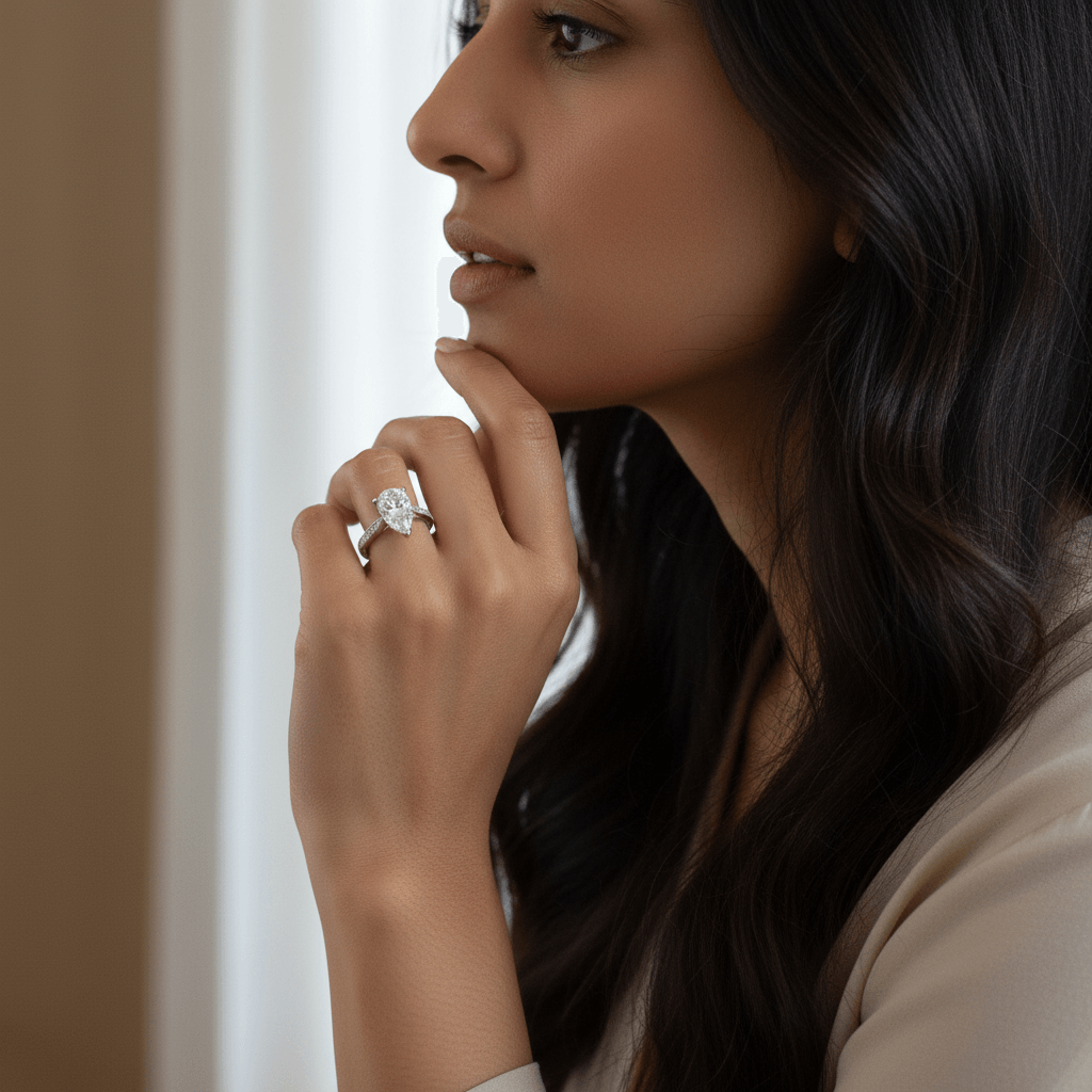 Pear_Shape_Diamond_Tapered_Pave_Setting_Engagement_Ring_On_Model