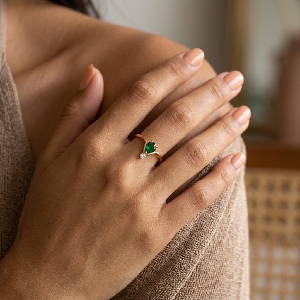 Pear_Shape_Green_Emerald_and_Small_Diamond_Engagement_Ring_On_Hand